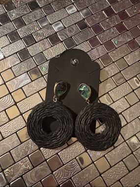 Blue Rope Hoop Drop Earrings with Abalone Accent - Brand